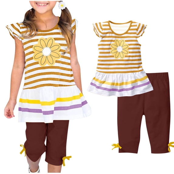 Sahpxhe Girls 2 Piece Striped Set Ruffle Flutter Sleeve Crew Neck Tunic Top & Capri Pants Summer Little Girls Outfits Yellow 3-4 Years
