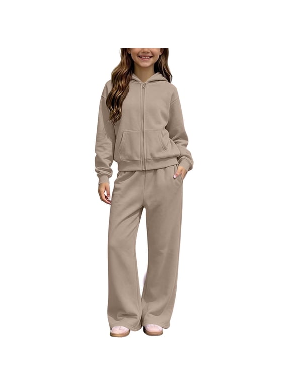 Girls Fleece Lined 2 Piece Outfits Long Sleeve Full Zip Hooded Sweatshirt Wide Leg Sweatpants Athleisure Comfy Outerwear Khaki 5-6 Years