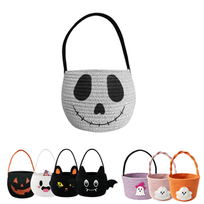 Sahpxhe Halloween Baskets Skull Pattern Cotton Rope Woven Candy Basket,Handheld Storage Bucket Gift Basket for Trick or Treat,Halloween Party,9.84x7.87in Gray