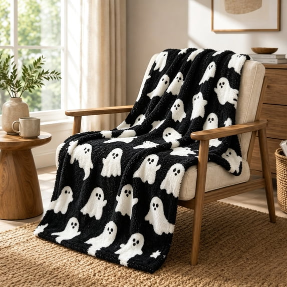 Sahpxhe Halloween Casual Throw Blanket with Cute Ghost Pattern,Soft Flannel Holiday Decorative Cover for Sofa Couch Bed Living Room Halloween Party Ornament,59x39.4in Black-L