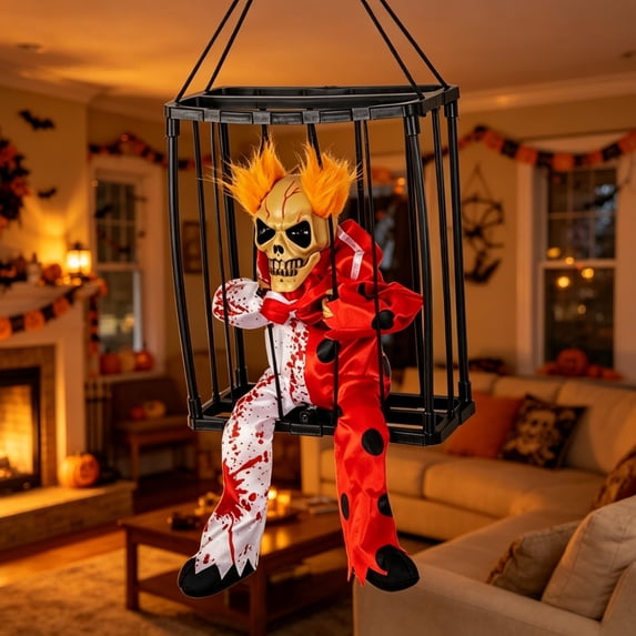 Sahpxhe Halloween Decorations Hanging Ghost Decor, Animated Shaking Caged Skeleton Prisoner with Glowing Red Eyes for Indoor Living Room Party Decor Hot Pink