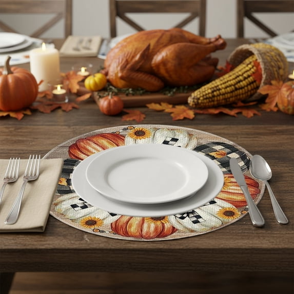 Sahpxhe Halloween Decorations Indoor Placemat with Pumpkin Pattern Table Decor, Fall Linen Maple Pumpkin Print Round Placemats for Home Kitchen Dining Party Decor Multicolor