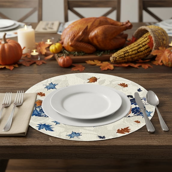 Sahpxhe Halloween Decorations Indoor Placemat with Pumpkin Pattern Table Decor, Fall Linen Maple Pumpkin Print Round Placemats for Home Kitchen Dining Party Decor Multicolor
