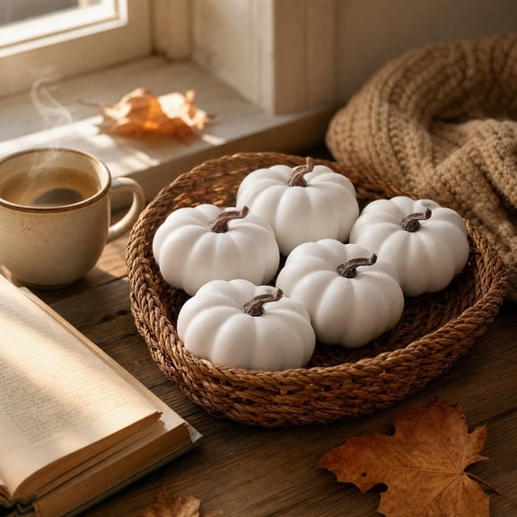 Sahpxhe Halloween Fake Pumpkin Decorations Indoor, Mini Artificial White Orange Foam Plastic Small Pumpkins for Thanksgiving Table Party Decor 5 pack White