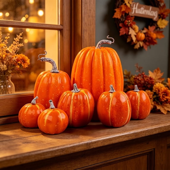 Sahpxhe Halloween Fake Pumpkin Decorations Outdoor, Artificial Pumpkins Set Foam Plastic Small and Large for Fall Thanksgiving Party Decor 7 pack Orange