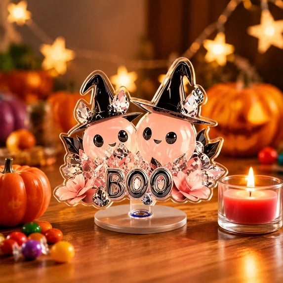 Sahpxhe Halloween Ghost Decor Party Tabletop Decorations, Rotating Acrylic Standee 2D Spinning Pumpkin Ghost Centerpiece Sign for Home Desk Bedroom Decor Pink