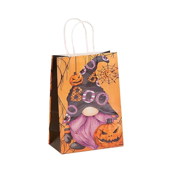 Sahpxhe Halloween Kraft Paper Gift Bags,Spooky Pattern Treat Bag with Handles,Reusable Party Favor Bags Candy Bags for Trick or Treat,8.3X5.9X3.1in Orange-E