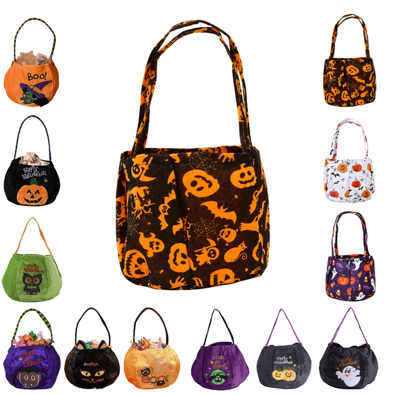 Sahpxhe Halloween Treat Bags Candy Pouch,Fabric Gift Bucket with Pumpkin Ghost Print,Cloth Reusable Flocking Halloweenbasket for Trick-Or-Treat,7.87x5.11in Multicolor-A
