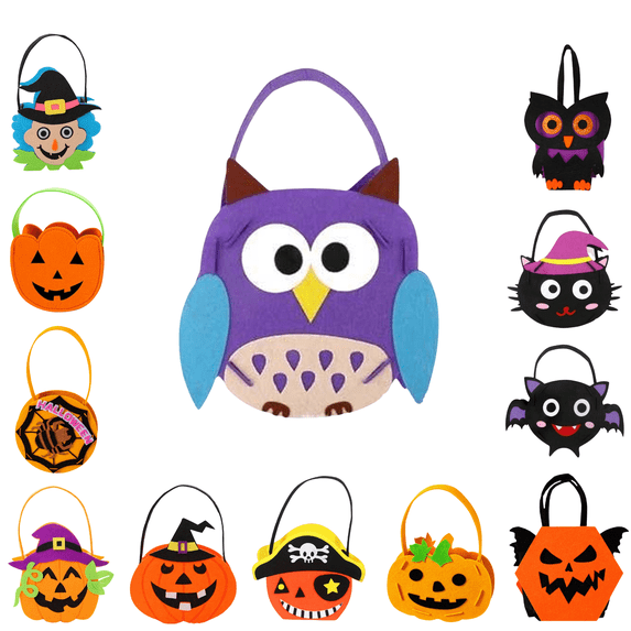 Sahpxhe Halloween Treat Bags Felt Candy Bucket,Multi-Cartoon Handheld Goodie Bag,Reusable Tote Gift Bags for Trick-Or-Treat,Party Storage,5.51x5.51x3.15in Purple