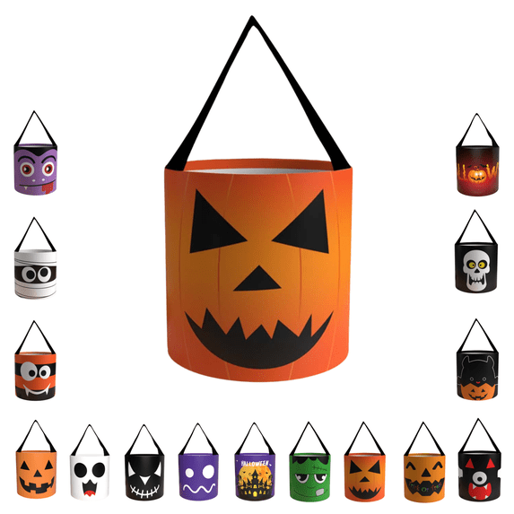 Sahpxhe Halloween Trick or Treat Bucket Candy Tote Bag,Pumpkin Ghost Cloth Gift Halloweenbasket with Comfortable Handles for Festive Party Decor and Gift Storage Orange-Led Strip