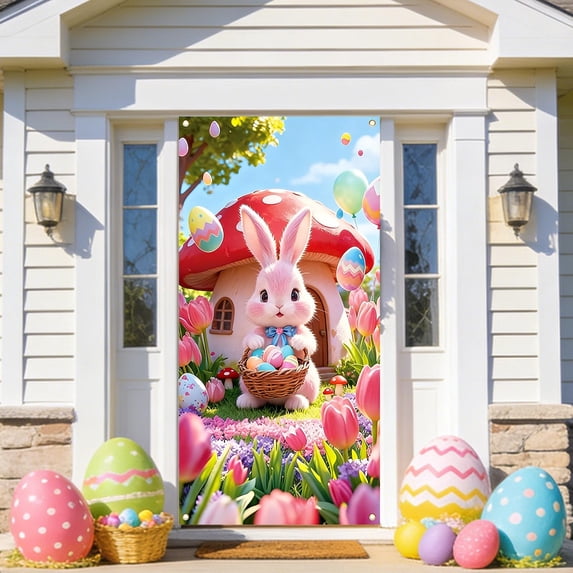 Sahpxhe Happy Easter Banner Door Cover, Colorful Bunny and Egg Themed Porch Sign, Large Front Door Wall Backdrop for Indoor Outdoor Spring Party Decorations 70.8 x 35.7 inch Multicolor