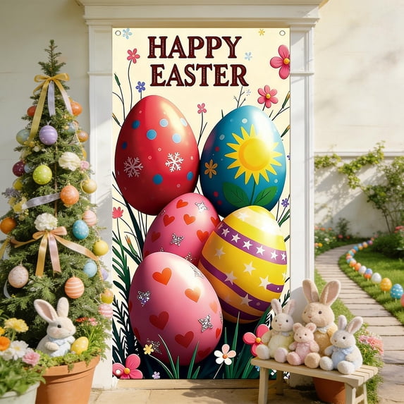 Sahpxhe Happy Easter Door Cover Decoration Easter Eggs Bunny Door Banner Backdrop Photography Welcome Spring Outdoor Indoor Home Decors Supplies Party Decorations 70.8 x 35.5 inch Multicolor