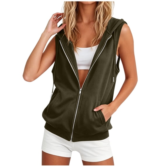 Sahpxhe Hoodies for Women Athletic Sleeveless Full Zip Lightweight Sweatshirt with Pockets Casual Gym Sports Vest Top Army Green S