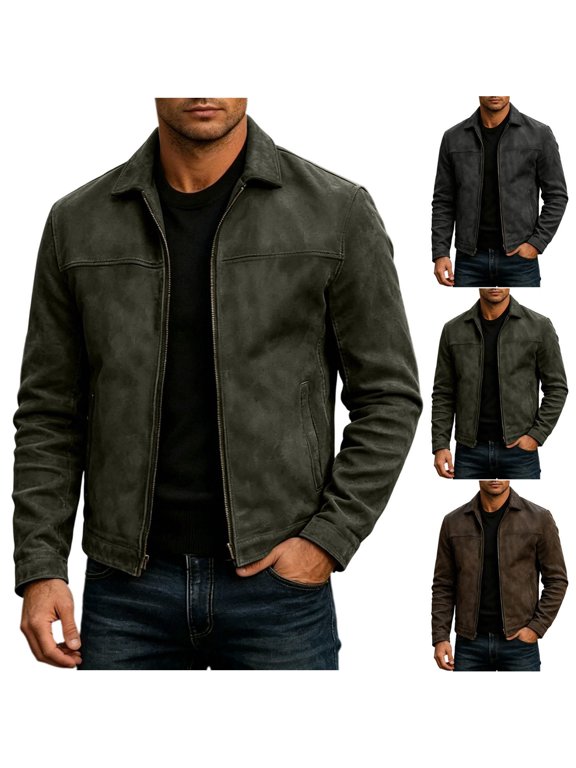 Jackets for Men Faux Leather Zip Up Collared Long Sleeve Casual Moto Biker Coat Trendy Outerwear Streetwear with Pockets Army Green L