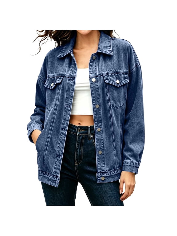 Jean Jackets for Women Collared Button Down Long Sleeve Casual Jacket Vintage Street Style Comfy Outerwear for Travel Blue S