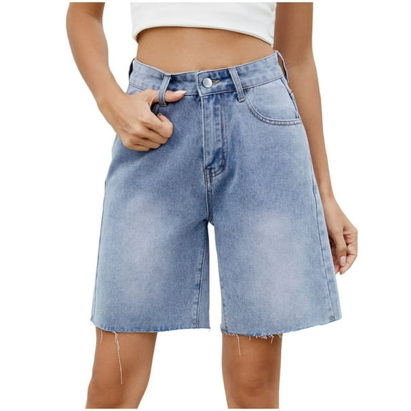 Sahpxhe Jean Shorts Womens High Waisted Knee Length Bermuda Water-Washed Summer Beach Vacation Bottoms 02-Blue XXL