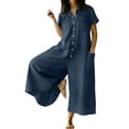 thumbnail image 1 of Sahpxhe Jumpsuits for Women Casual Plus Size Cotton Linen Loose Wide Leg Jumpers Short Sleeve Button-Down Rompers with Pockets Navy XXL, 1 of 7