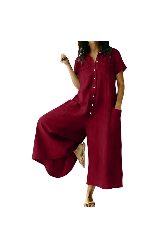Jumpsuits for Women Casual Plus Size Cotton Linen Loose Wide Leg Jumpers Short Sleeve Button-Down Rompers with Pockets Red XL