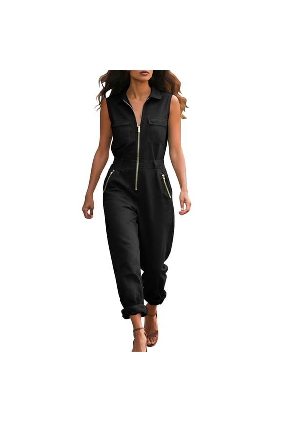 Jumpsuits for Women Collared Sleeveless Zip Front Cargo Jumpers with Multi-Pocket Summer Casual Comfy Rompers Black XL