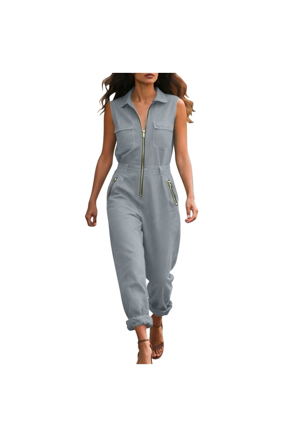 Jumpsuits for Women Collared Sleeveless Zip Front Cargo Jumpers with Multi-Pocket Summer Casual Comfy Rompers Gray XL
