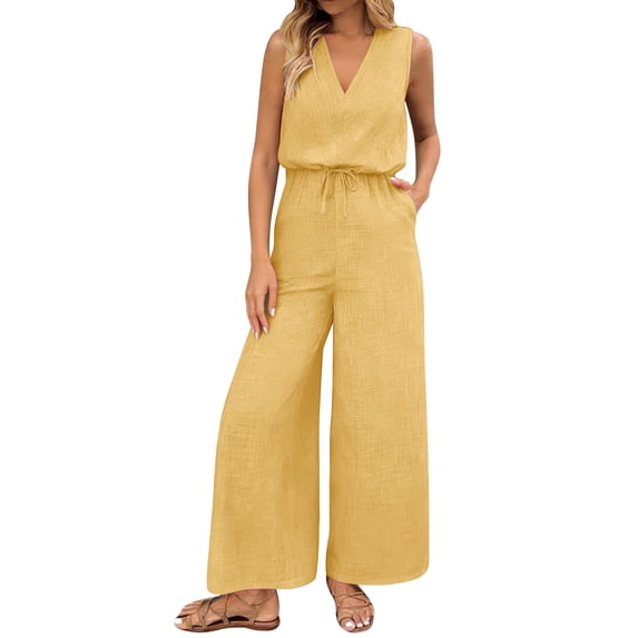 Sahpxhe Jumpsuits for Women Dressy Casual Sleeveless V-Neck Wide Leg Jumpers with Drawstring and Pockets Summer Comfy Rompers Yellow XXL