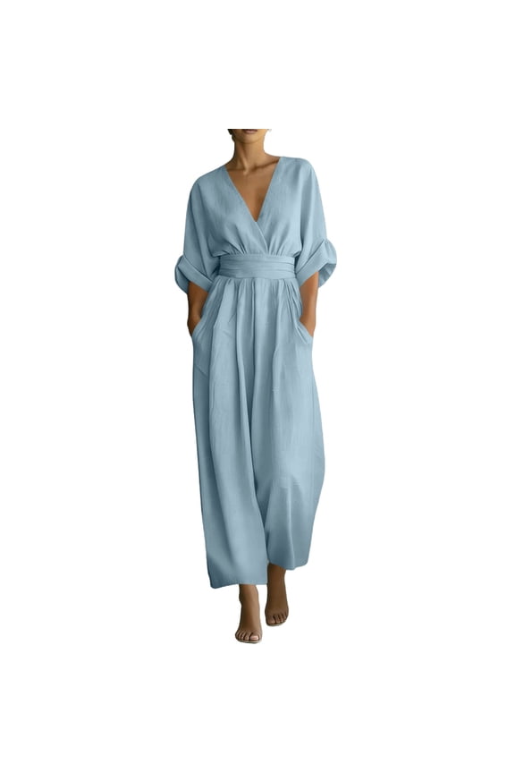 Jumpsuits for Women Dressy Wrap Front V-Neck 3/4 Sleeve Jumpers Wide Leg Rompers for Work Office Business Light Blue XXXXL