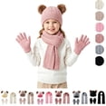 thumbnail image 1 of Sahpxhe Kids Winter Hat Gloves Scarf Set Cable Knit Double Pom Pom Beanie Scarf Gloves 3 Piece Set Outdoor Cold Weather Accessories Pink 3-12 Years, 1 of 6