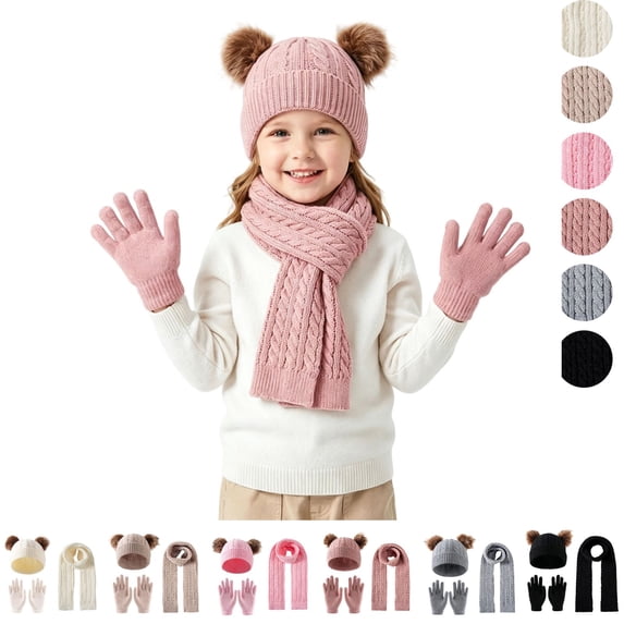 Sahpxhe Kids Winter Hat Gloves Scarf Set Cable Knit Double Pom Pom Beanie Scarf Gloves 3 Piece Set Outdoor Cold Weather Accessories Pink 3-12 Years