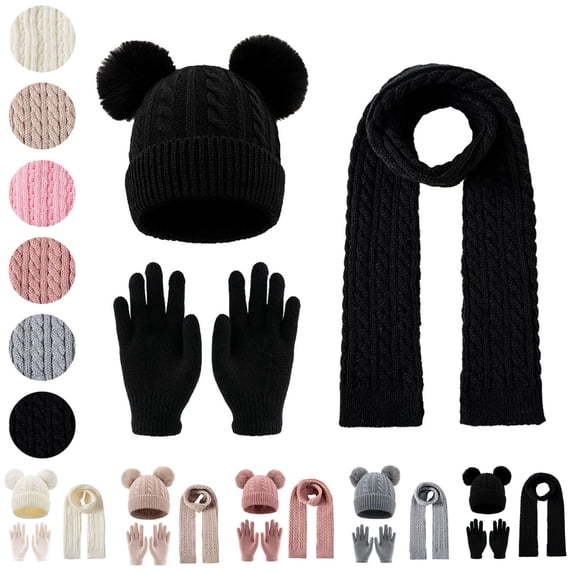 Sahpxhe Kids Winter Hat Gloves Scarf Set Cable Knit Double Pom Pom Beanie Scarf Gloves 3 Piece Set Ski Cold Weather Accessories Black 3-12 Years