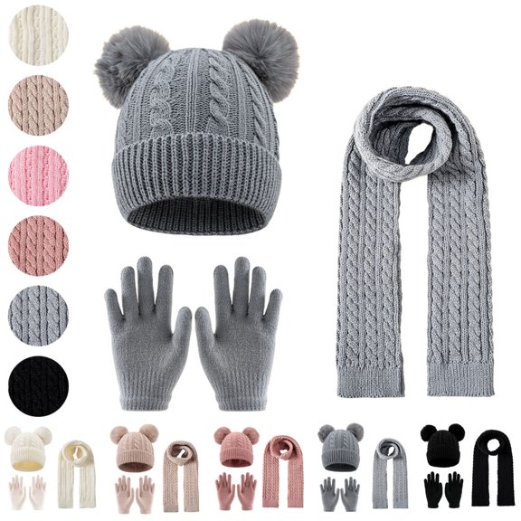 Sahpxhe Kids Winter Hat Gloves Scarf Set Cable Knit Double Pom Pom Beanie Scarf Gloves 3 Piece Set Ski Cold Weather Accessories Gray 3-12 Years