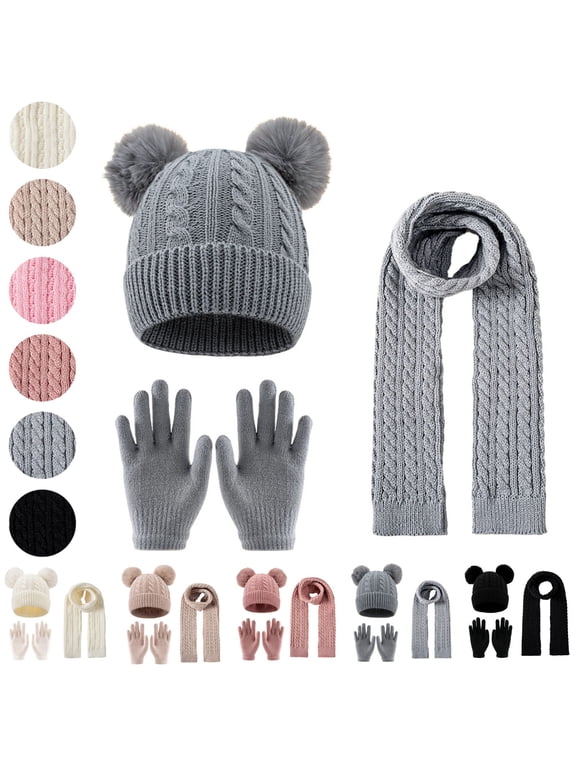 Kids Winter Hat Gloves Scarf Set Cable Knit Double Pom Pom Beanie Scarf Gloves 3 Piece Set Ski Cold Weather Accessories Gray 3-12 Years