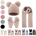 thumbnail image 1 of Sahpxhe Kids Winter Hat Gloves Scarf Set Cable Knit Double Pom Pom Beanie Scarf Gloves 3 Piece Set Ski Cold Weather Accessories Khaki 3-12 Years, 1 of 6