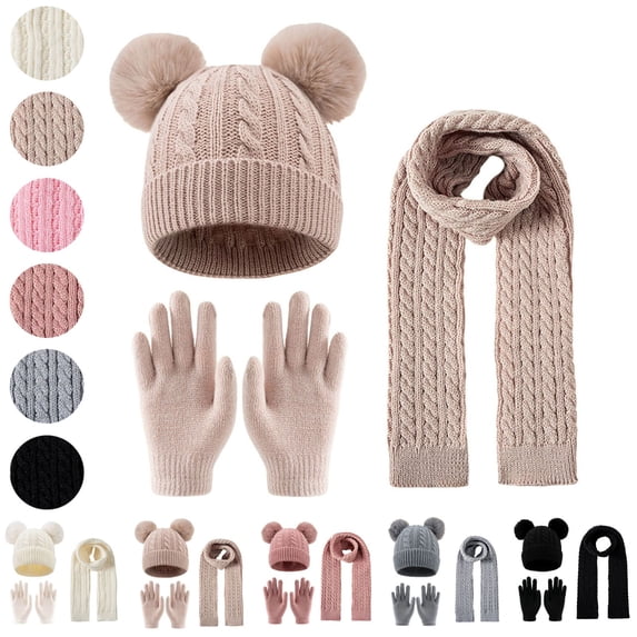 Sahpxhe Kids Winter Hat Gloves Scarf Set Cable Knit Double Pom Pom Beanie Scarf Gloves 3 Piece Set Ski Cold Weather Accessories Khaki 3-12 Years
