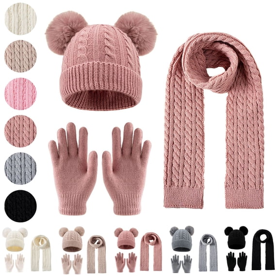 Sahpxhe Kids Winter Hat Gloves Scarf Set Cable Knit Double Pom Pom Beanie Scarf Gloves 3 Piece Set Ski Cold Weather Accessories Pink 3-12 Years