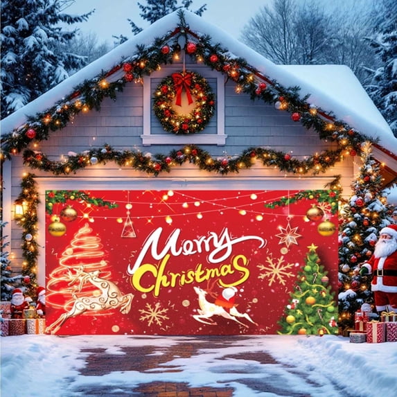 Sahpxhe Large Christmas Garage Door Cover Festive Xmas Design Door Banner,Red Christmas Decoration with Ribbon for Outdoor Yard Porch Garage Home Ornament,157.5x70.9in Multicolor-A