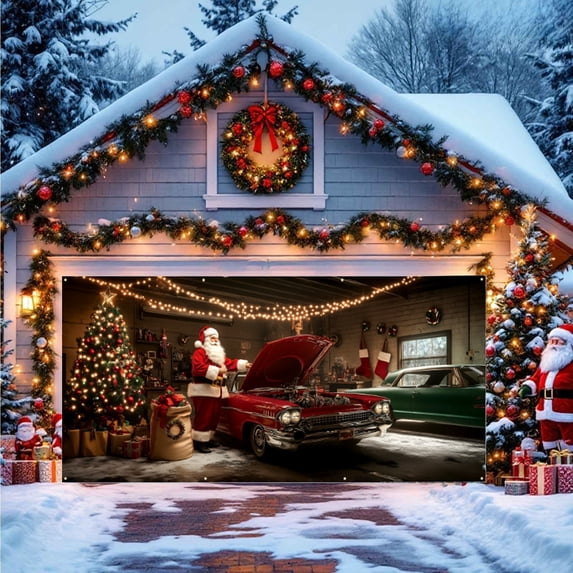 Sahpxhe Large Christmas Garage Door Cover Festive Xmas Design Door Banner,Red Christmas Decoration with Ribbon for Outdoor Yard Porch Garage Home Ornament,157.5x70.9in Multicolor-C