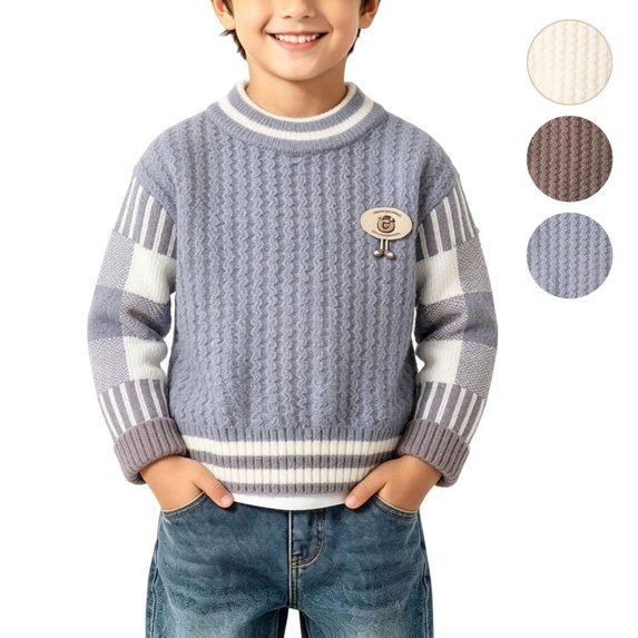Sahpxhe Little Boys Sweater Crew Neck Plaid Long Sleeve Knit Sweater Kids Warm Winter Casual Pullover Top with Bear Patch Blue 5-6 Years