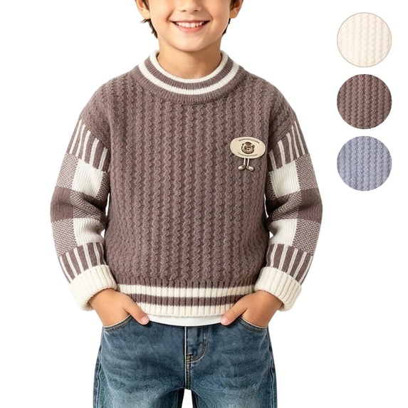 Sahpxhe Little Boys Sweater Crew Neck Plaid Long Sleeve Knit Sweater Kids Warm Winter Casual Pullover Top with Bear Patch Coffee 3-4 Years