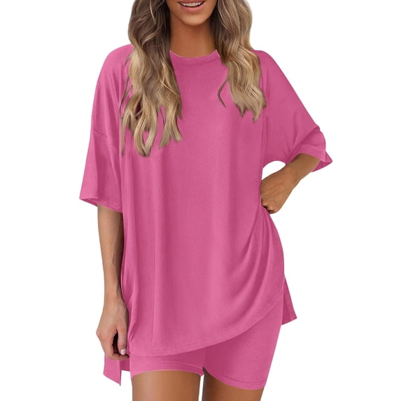 Sahpxhe Lounge Sets for Women 2 Piece Crew Neck Half Sleeve Oversized Top High Waist Tight Shorts Sets Casual Summer Clothes Hot Pink S