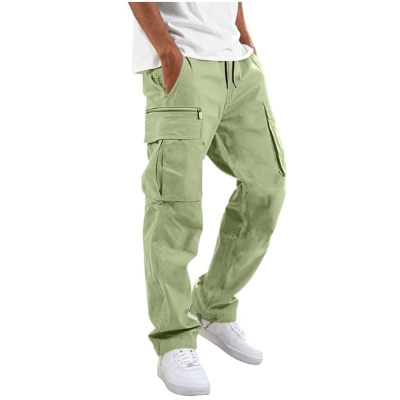 Sahpxhe Men's Cotton Cargo Pants Casual Straight Leg Elastic Waist Drawstring Pants with Zipper Pockets for Workout Hiking Green XXXL