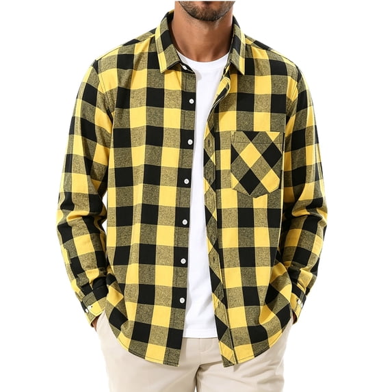 Sahpxhe Men's Flannel Shirts Jacket Plaid Button Down Collared Long Sleeve Lightweight Tops Fall Casual Vintage Shacket Yellow S