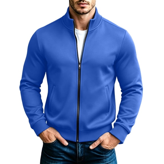 Sahpxhe Men's Full Zip Sweatshirt Stand Collar Long Sleeve Jacket with Pockets Casual Outer Tops for Travel Vacation Blue S