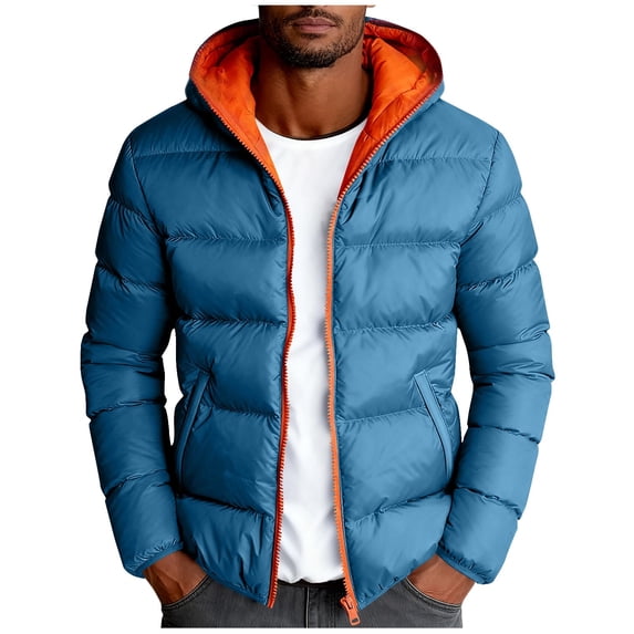 Sahpxhe Men's Hooded Puffer Jacket Cotton Padded Full Zip Contrast Lining Quilted Jacket Trendy Lightweight Outdoor Streetwear Blue M