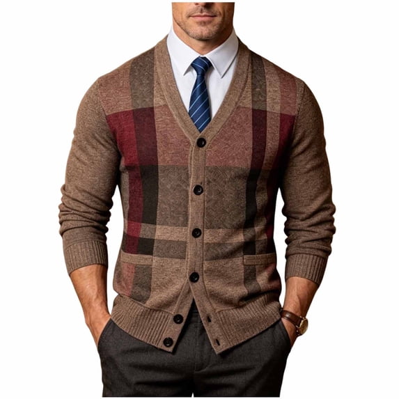 Sahpxhe Mens Cardigan Sweaters Plaid Button down Long Sleeve V-Neck Knit Sweater Jacket Casual Work Business Outerwear Khaki XXXL