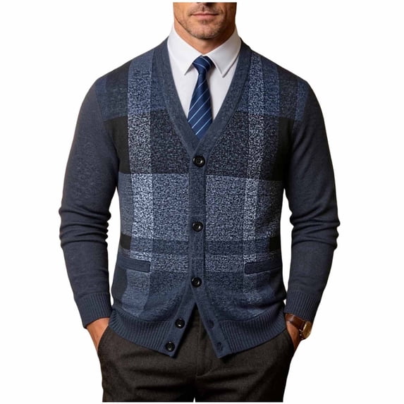 Sahpxhe Mens Cardigan Sweaters Plaid Button down Long Sleeve V-Neck Knit Sweater Jacket Casual Work Business Outerwear Navy XXL