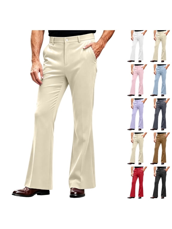 Mens Dress Pants High Waisted Button Fly Bell Bottom Trousers Vintage Business Casual Flare Suit Pants Khaki M
