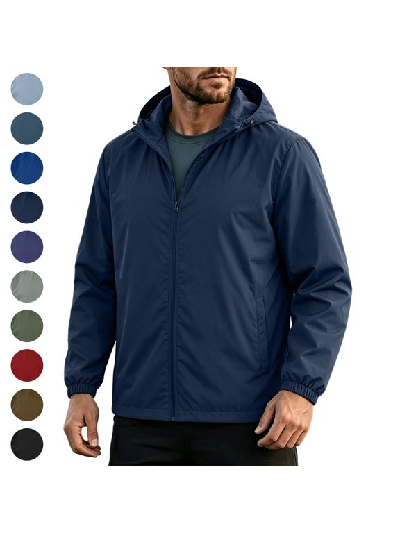 Mens Lightweight Hooded Jacket Full Zip Long Sleeve Waterproof Windbreaker Casual Hiking Outdoor Jacket with Storage Pouch Navy S