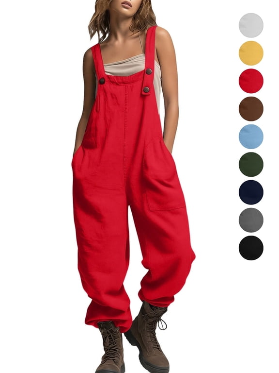 Overalls for Women Cotton Linen Sleeveless Cross Back Baggy Jumpsuits Wide Leg Summer Outfits Casual Cargo Rompers Red XXL