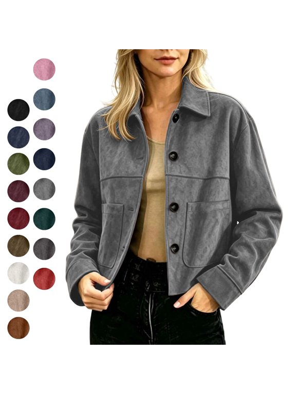 Oversized Cropped Fall Jackets Women Collared Long Sleeve Button Down Soft Comfy Outerwear Casual Vintage Jacket Gray M