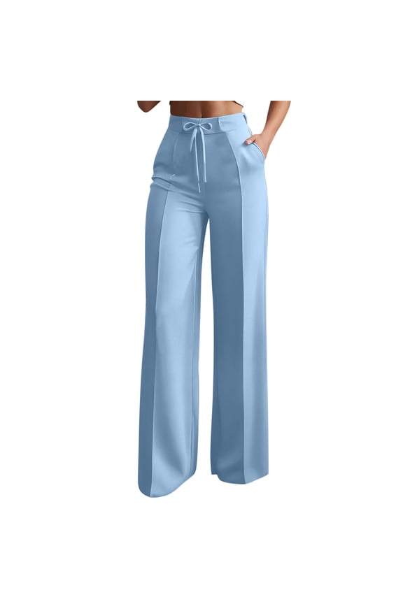 Pants for Women Dressy Casual High Waist Drawstring Wide Leg Business Pants Work Office Loose Trousers with Pockets Blue XL